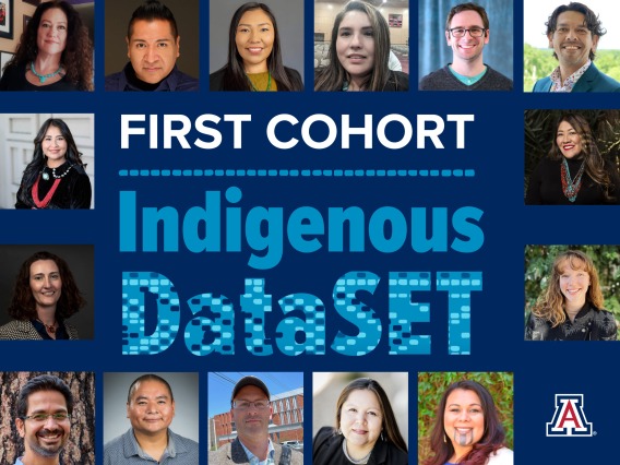 Headshots of all 15 cohort members are arranged around a blue rectangle. Text in the center reads "First Cohort, Indigenous DataSET".