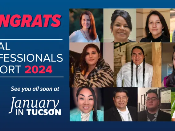 Blue card features square portraits of all 11 TPC members inducted for 2024 arranged in a grid on the right side of the image. Red and white text reads: "Congratulations to the Tribal Professionals Cohort 2024. See you all soon at January in Tucson."