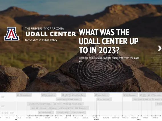 A screeenshot of the UC's 2023 interactive timeline. Features an image of a spiral petroglyph on a rock in front of southern Arizona mountains. White text to the right of the UC logo reads "What was the Udall Center up to in 2023?" Smaller text below reads "Here are some of our favorite highlights from the past year."