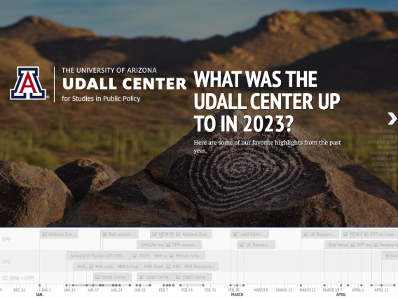 A screeenshot of the UC's 2023 interactive timeline. Features an image of a spiral petroglyph on a rock in front of southern Arizona mountains. White text to the right of the UC logo reads "What was the Udall Center up to in 2023?" Smaller text below reads "Here are some of our favorite highlights from the past year."