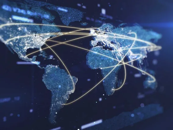 A map of the earth in blue showing yellow lines that connect various countries via digital communication.