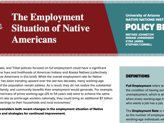 Federal, state, and Tribal policies focused on full employment could have a significant effect on the lives and livelihoods of American Indians and Alaska Natives (collectively called Native Americans in this brief). While the overall employment rate for Native Americans has been trending upward over the last two decades, many working-age members of the population remain jobless. As a result, they do not realize the substantial individual, family, and community benefits their employment would generate. For 