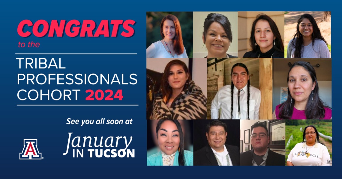 Blue card features square portraits of all 11 TPC members inducted for 2024 arranged in a grid on the right side of the image. Red and white text reads: "Congratulations to the Tribal Professionals Cohort 2024. See you all soon at January in Tucson."