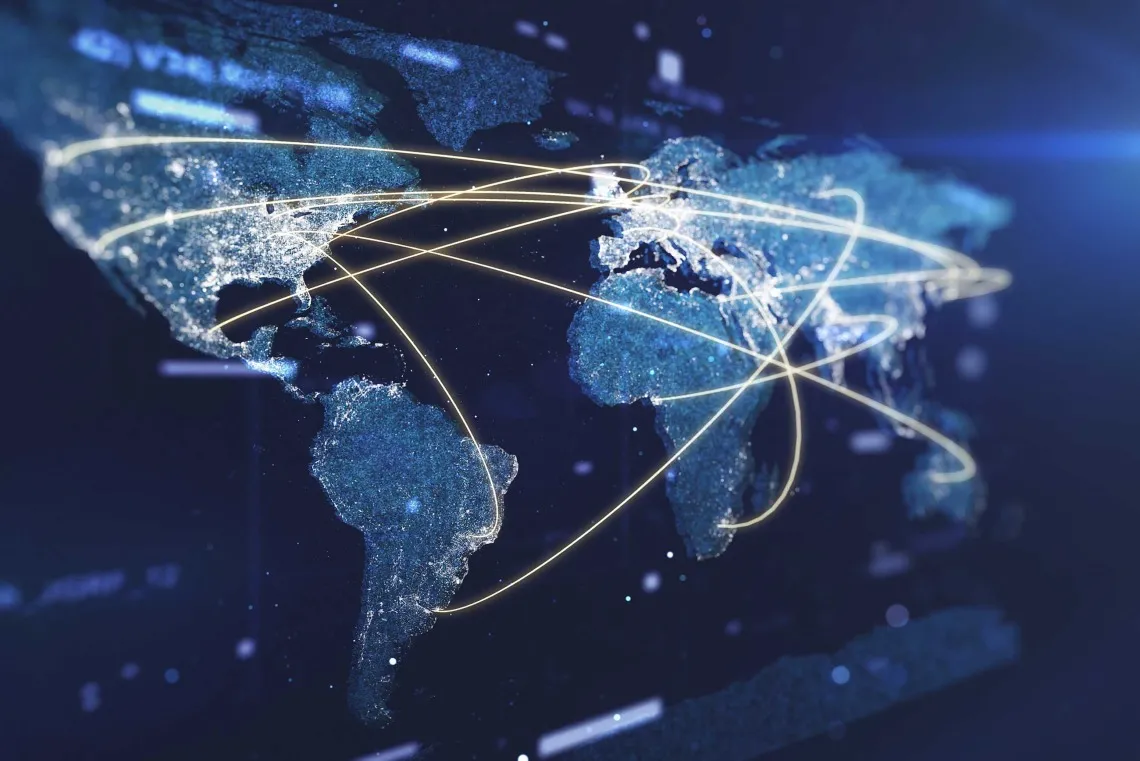 A map of the earth in blue showing yellow lines that connect various countries via digital communication.